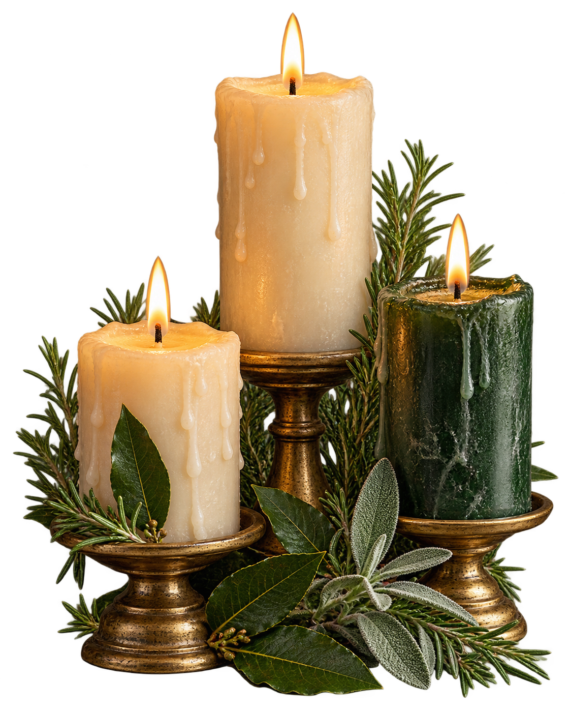 Três velas com luz dourada e ramos botânicos