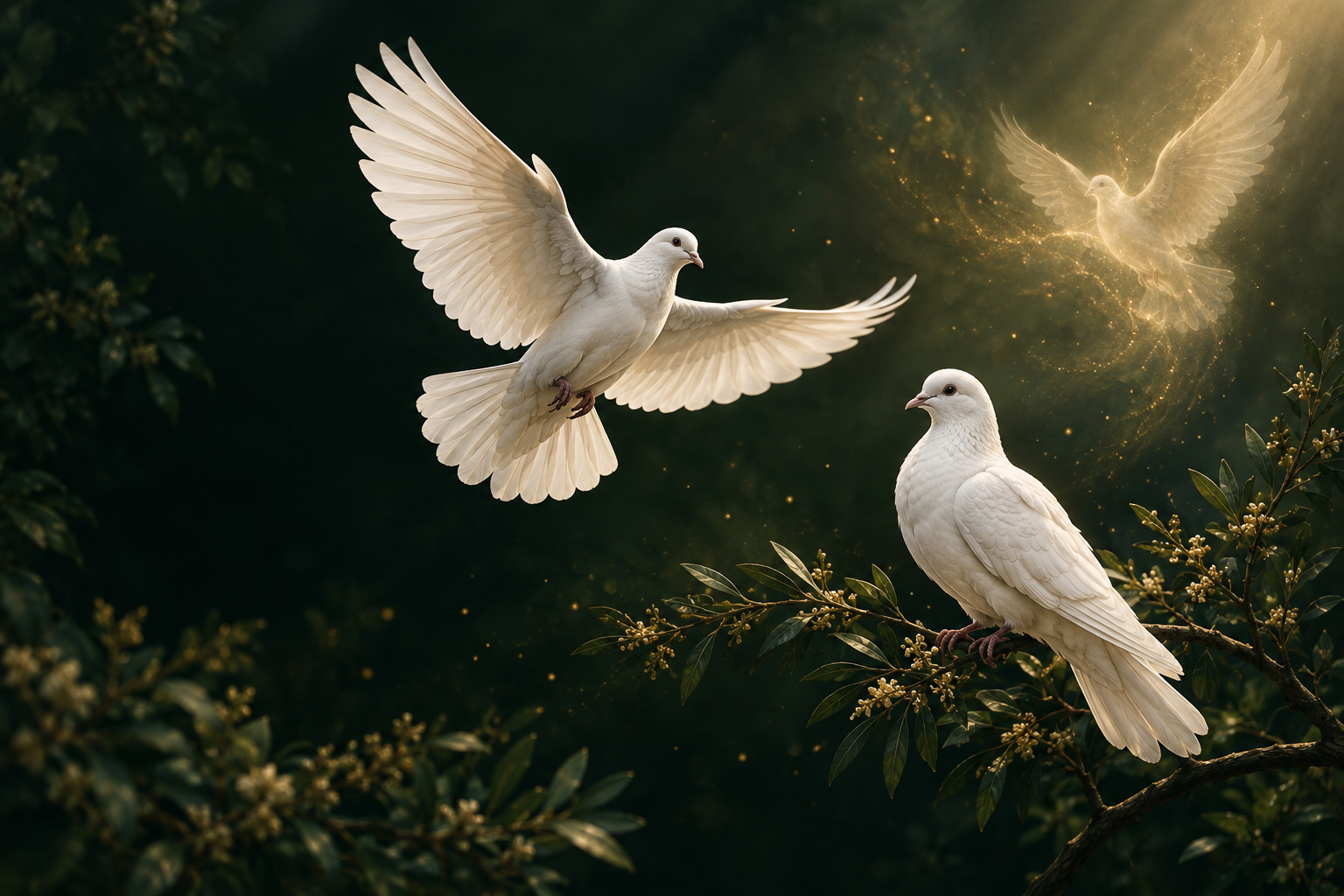Pombas brancas realistas e uma pomba luminosa entre folhagem e luz dourada