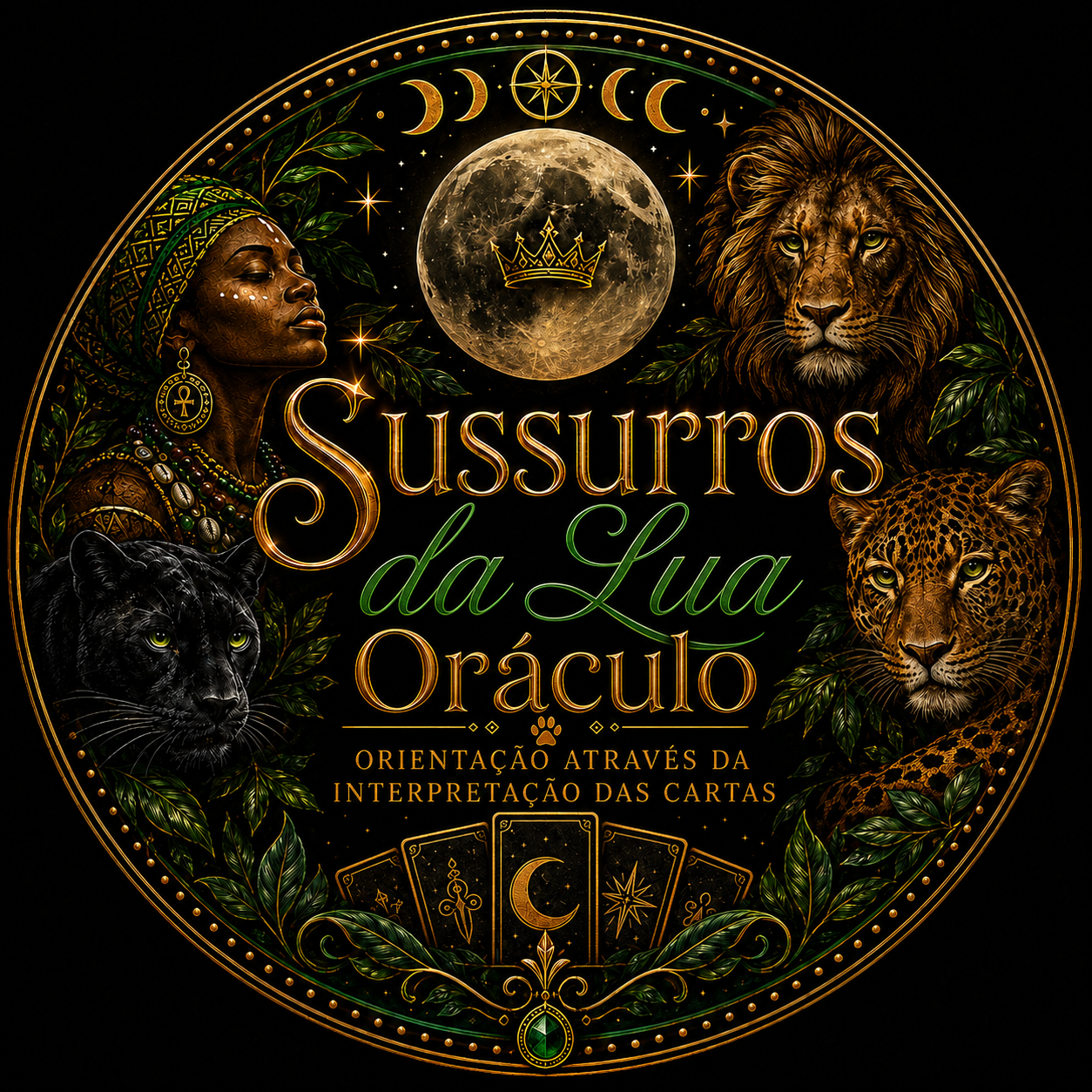 Logo oficial Sussurros da Lua Oráculo, com lua, mulher, felinos e elementos botânicos dourados e verdes